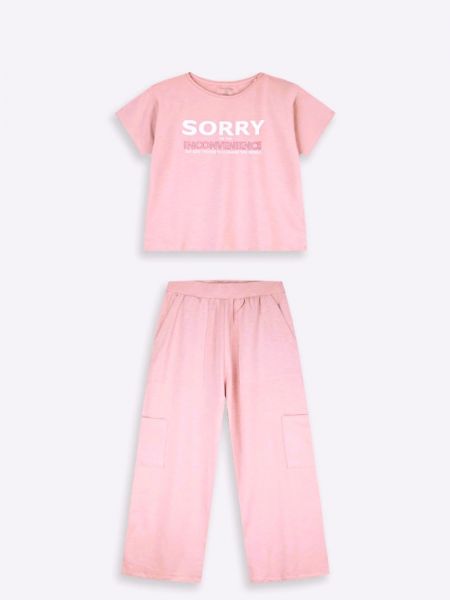 Σετ κοντομάνικη μπλούζα με Cargo παντελόνι ροζ