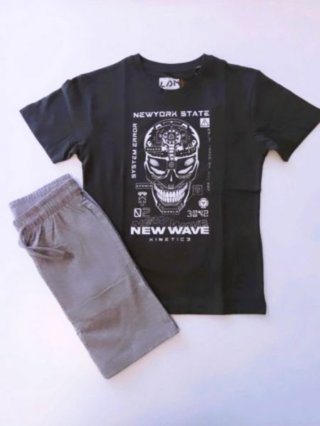 Σετ μπλούζα κοντομάνικη και βερμούδα με print new wave ανθρακί