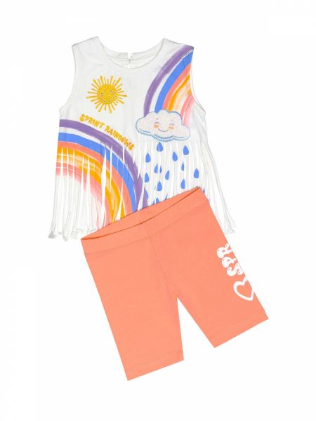 Σετ τοπ με κρόσια print ουράνιο τόξο και ποδηλατικό κολάν peach