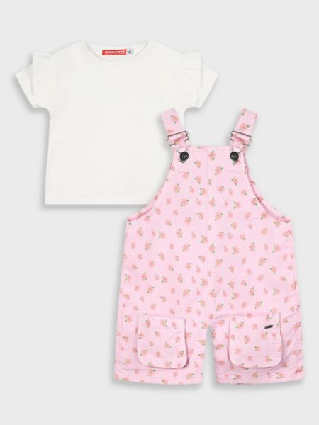 Σετ σαλοπέτα με λουλουδάκια και μπλούζα με βολάν ροζ