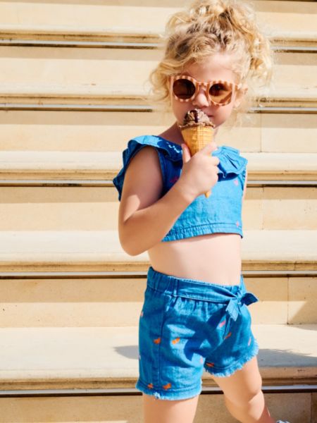 Σετ τζιν κροπ τοπ και σορτσάκι με ζώνη και ξέφτια μπλε