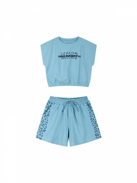 Σετ κροπ τοπ με σορτς και animal print λεπτομέρειες τυρκουάζ