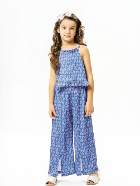 Σετ εμπριμέ κροπ τοπ με βολάν και παντελόνα με ανοίγματα μπλε