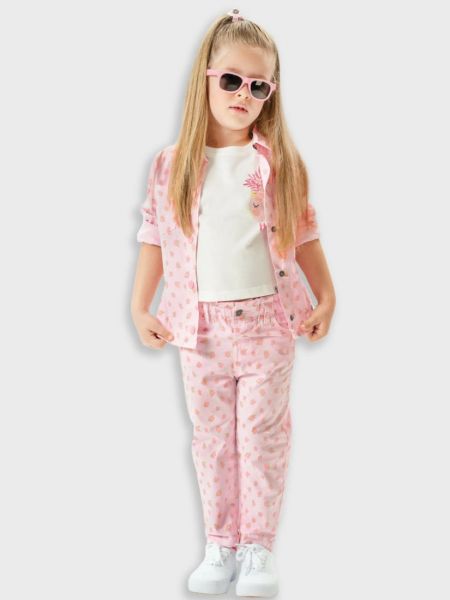 Παντελόνι τζιν φλοράλ με τσέπες και λάστιχο ροζ