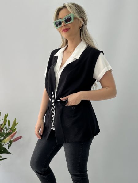 Γιλέκο με ζωνάκι και τσέπες μαύρο