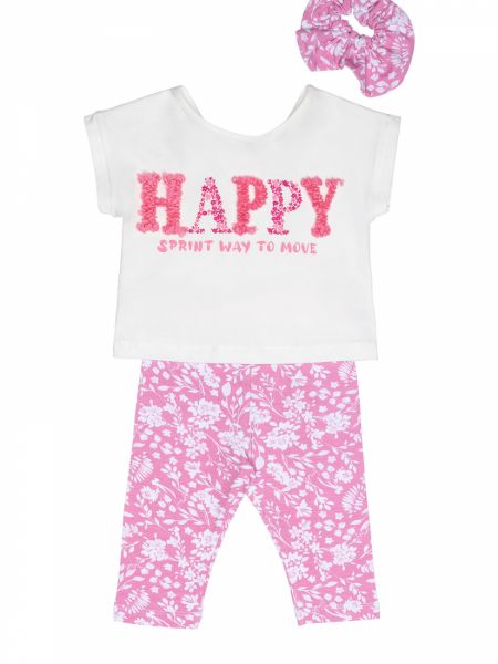 Σετ τοπ με print Happy με λουλούδια και φλοράλ κάπρι κολάν και δώρο Scrunchy ροζ