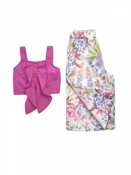 Σετ κροπ τοπ και φλοράλ παντελόνα με λάστιχο ελληνικής ραφής  ματζέντα