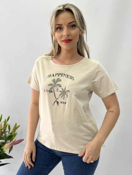 Μπλούζα κοντομάνικη με τύπωμα και κουμπιά στην πλάτη μπεζ