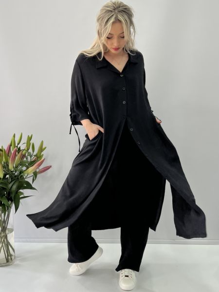 Φόρεμα τουνίκ με δέσιμο στο μανίκι και σκίσιμο μαύρο