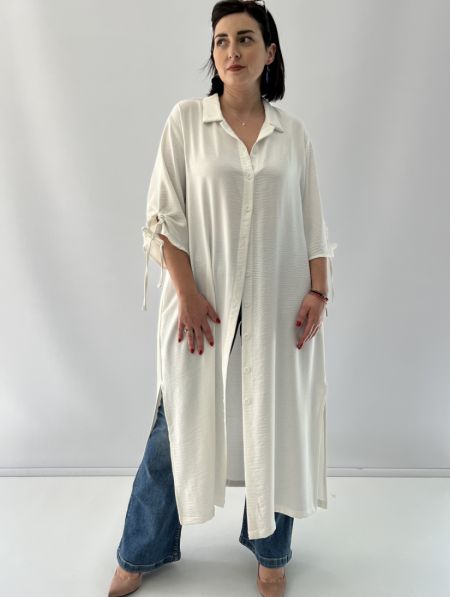 Φόρεμα τουνίκ με δέσιμο στο μανίκι και σκίσιμο λευκό