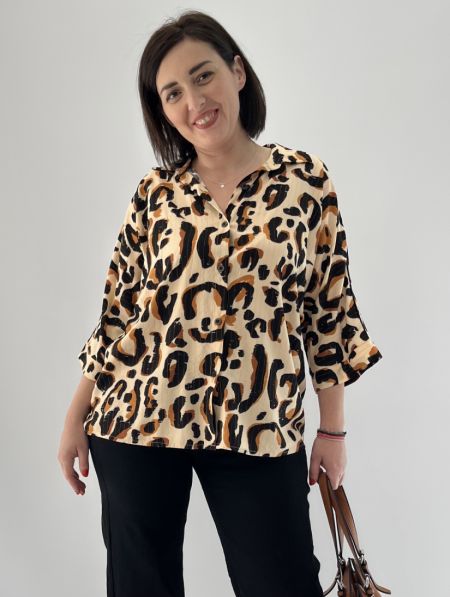 Πουκαμίσα φαρδιά animal print με χρυσοκλωστή καφέ