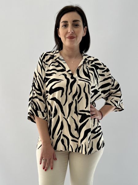 Πουκαμίσα φαρδιά animal print με χρυσοκλωστή εκρού