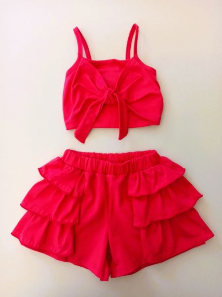 Σετ κροπ τοπ με δέσιμο και σορτς φούστα ελληνικής ραφής  φούξια