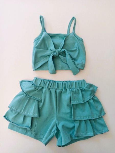 Σετ κροπ τοπ με δέσιμο και σορτς φούστα ελληνικής ραφής  μέντα