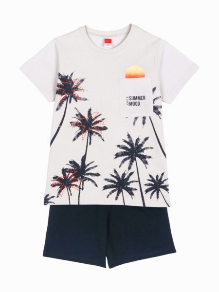 Σετ μπλούζα με τσέπη και summer print και μονόχρωμη βερμούδα μπλε