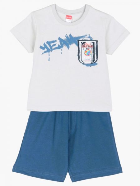 Σετ κοντομάνικη μπλούζα με graffiti και μονόχρωμη βερμούδα μπλε