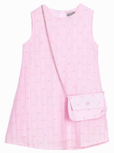 Φόρεμα μονόχρωμο με ανάγλυφο πουά και τσαντάκι ροζ