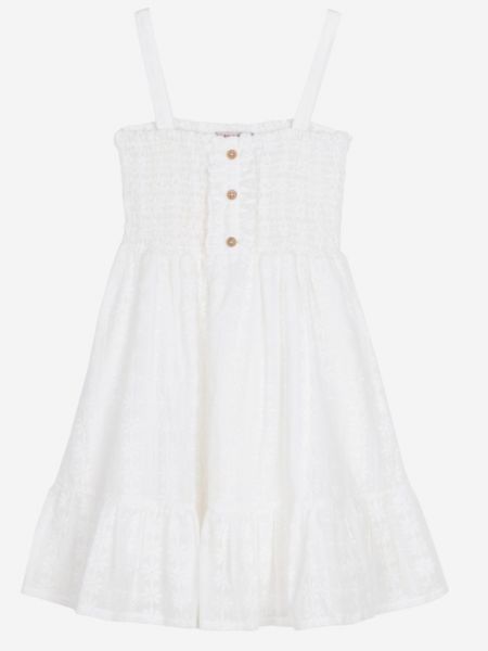Φόρεμα μονόχρωμο με κέντημα και ξύλινα κουμπιά λευκό
