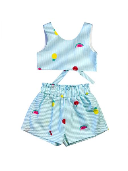 Σετ ριγέ κροπ τοπ με δέσιμο στην πλάτη και σορτς print summer fruits ελληνικής ραφής  μέντα