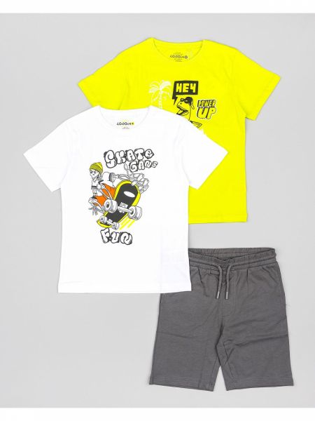 Τριπλέτα με δύο κοντομάνικες μπλούζες και μία βερμούδα με print skate and dinosaurs λάιμ