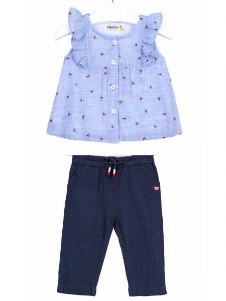 Σετ λινό τοπ με βολάν και παντελόνι με τσέπες και ρεβέρ γαλάζιο