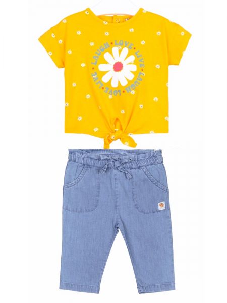 Σετ μπλούζα με δέσιμο και παντελόνι με print μαργαρίτες κίτρινο