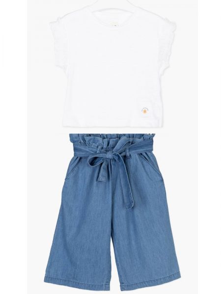 Σετ μπλούζα με βολάν και κέντημα και παντελόνα τζιν με ζώνη λευκό