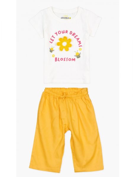 Σετ μπλούζα με κέντημα μαργαρίτα και παντελόνα μονόχρωμη με ζώνη κίτρινο