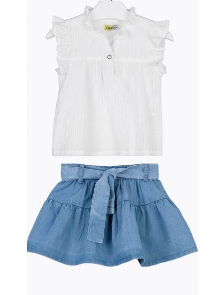 Σετ πουκάμισο με ασημοκλωστή και τζιν φούστα με ζώνη λευκό