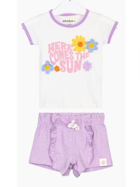 Σετ μπλούζα με κεντημένες μαργαρίτες και σορτς με βολάν λιλά