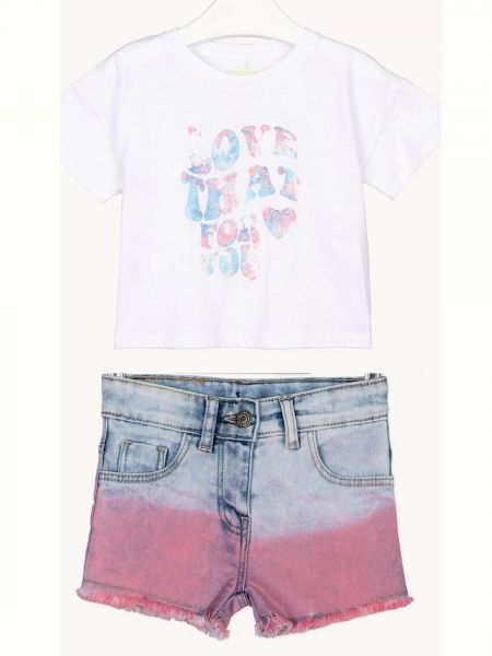 Σετ μπλούζα με print love και τζιν όμπρε σορτς ροζ