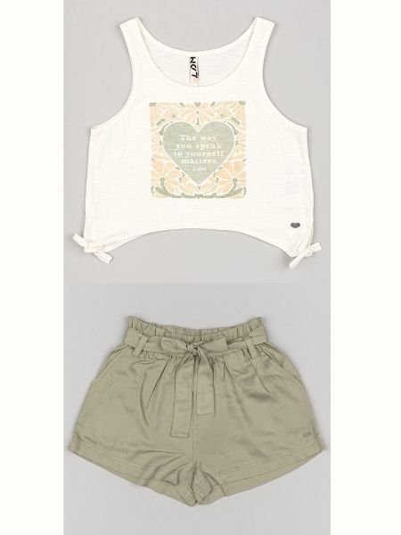 Σετ μπλούζα με print heart και μονόχρωμο σορτς με ζώνη  χακί