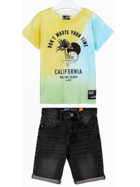 Σετ μπλούζα με print 'Malibu Beach' και τζιν βερμούδα με ρεβέρ κίτρινο