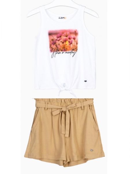 Σετ μπλούζα με print flowers και μονόχρωμο σορτς με ζώνη  μπεζ
