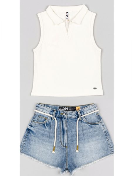 Σετ κροπ τοπ μονόχρωμο με γιακά και τζιν σορτς με ζώνη  λευκό