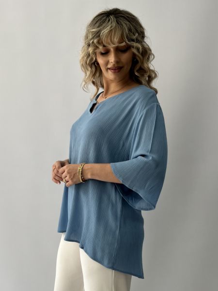 Πουκαμίσα με καμπάνα μανίκι και αλυσιδάκι στο V σιέλ