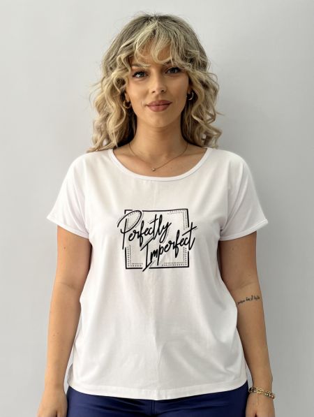 Μπλούζα ζαπονέ μανίκι με V και τύπωμα στρας λευκό