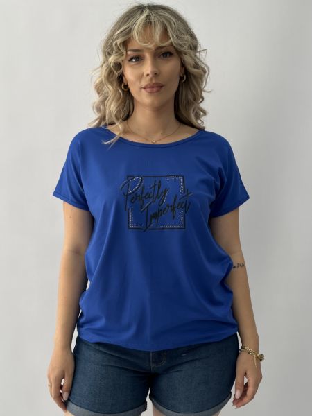 Μπλούζα ζαπονέ μανίκι με V και τύπωμα στρας μπλε