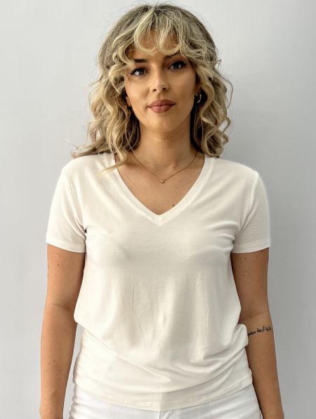 Μπλούζα μονόχρωμη με V κοντομάνικη λευκό
