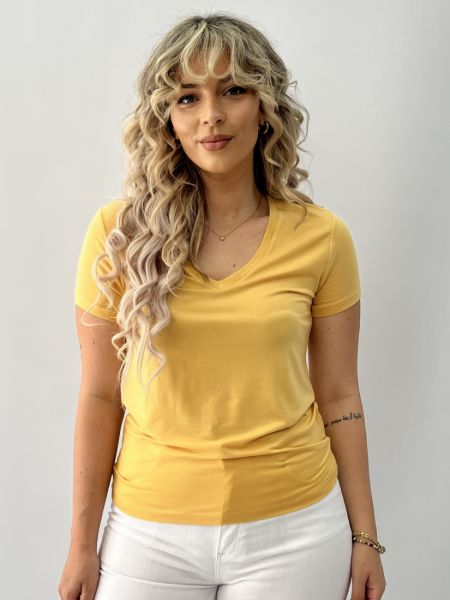 Μπλούζα μονόχρωμη με V κοντομάνικη κίτρινο