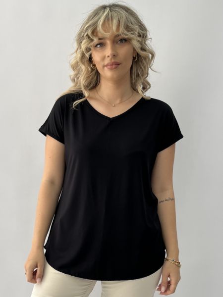 Μπλούζα μονόχρωμη ζαπονέ μανίκι με V μαύρο