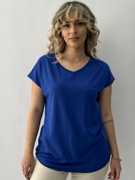 Μπλούζα μονόχρωμη ζαπονέ μανίκι με V μπλε