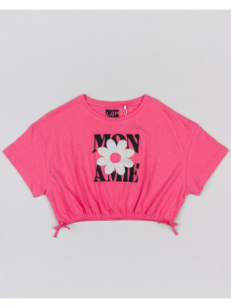 Μπλούζα κοντομάνικη κροπ βαμβακερή με διάφορα print φούξια