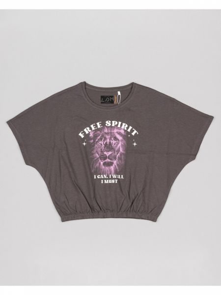 Μπλούζα κοντομάνικη κροπ βαμβακερή με διάφορα print ανθρακί