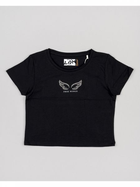 Μπλούζα κοντομάνικη κροπ βαμβακερή με διάφορα print μαύρο