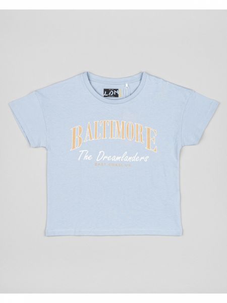 Μπλούζα κοντομάνικη κροπ βαμβακερή με διάφορα print γαλάζιο