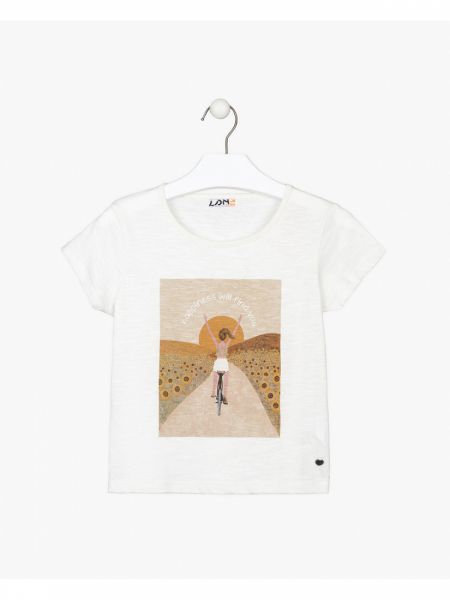 Μπλούζα κοντομάνικη με διάφορα print βαμβακερή μπεζ