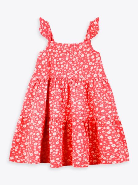 Φόρεμα αμάνικο φλοράλ με βολάν κοραλί