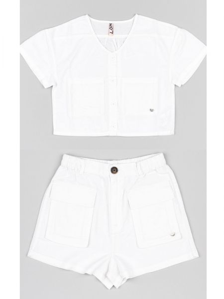 Λινό σετ πουκάμισο κροπ τοπ και βερμούδα με τσέπες λευκό