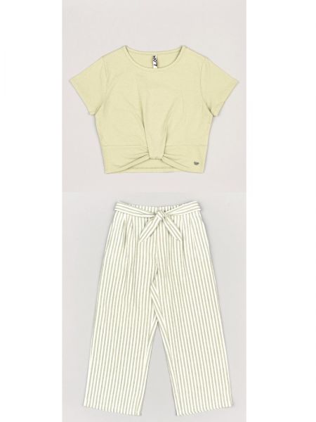 Σετ κροπ τοπ με λεπτομέρεια και παντελόνα ριγέ με ζώνη χακί